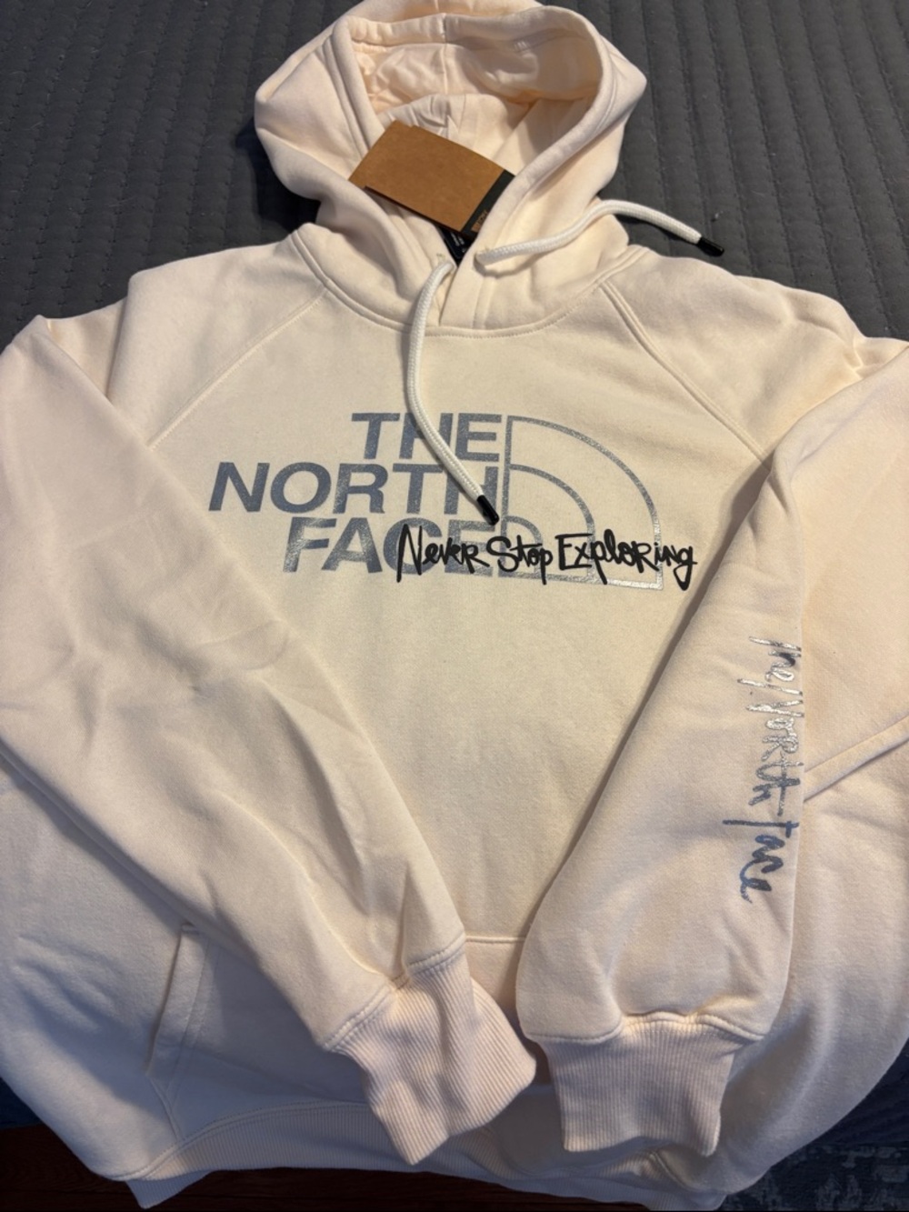 The North Face Men's Cream Hoodie with Gray Logo